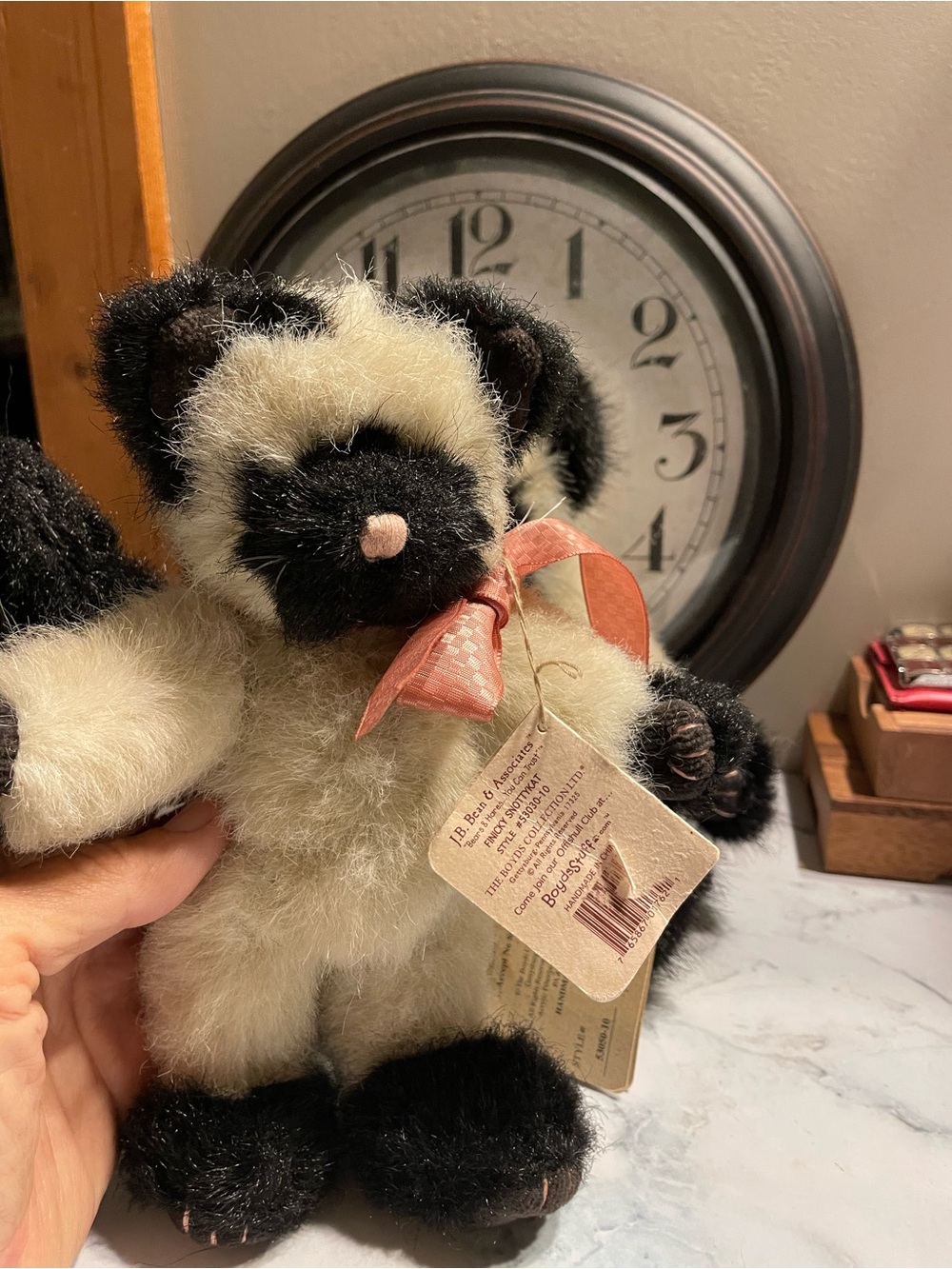 Plush Siamese-Style Accent Plush in Cream and Black with Pink Ribbon